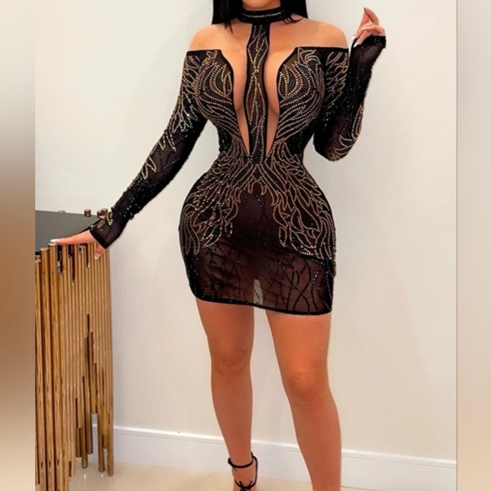 Sexy Mesh Black and silver Rhinestones mini Dress new size S,M, XL, XXL Availabl